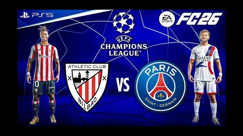 Cầu thủ của Athletic Bilbao vượt qua hậu vệ của PSG trong trận đấu sôi động. Cầu thủ của Athletic Bilbao vượt qua hậu vệ của PSG trong trận đấu sôi động.
